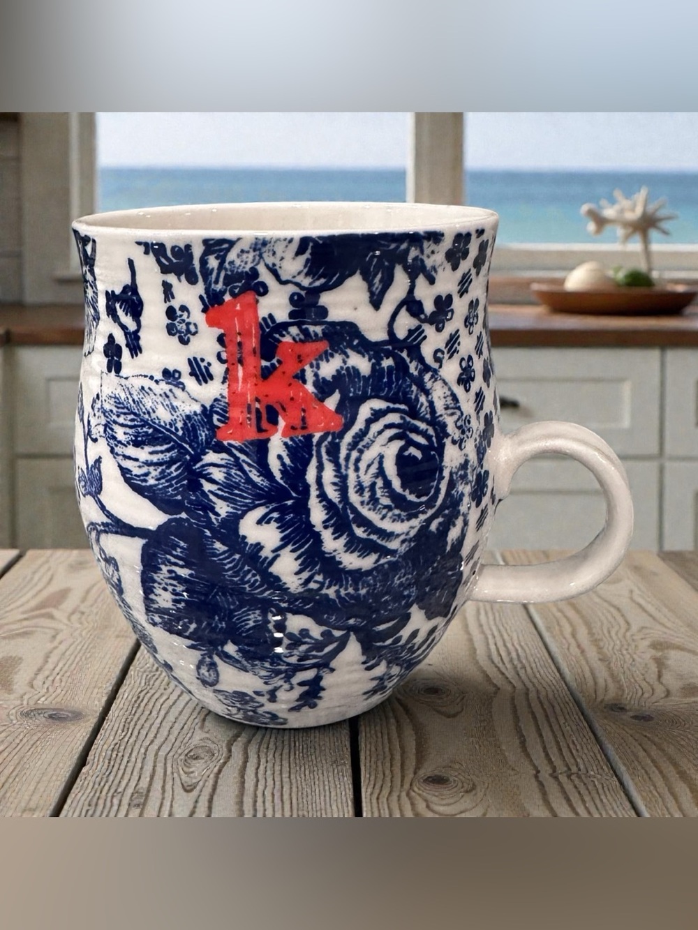 Anthropologie Homegrown Red Initial K Monogram Blue Ceramic Coffee Mug Tea Cup